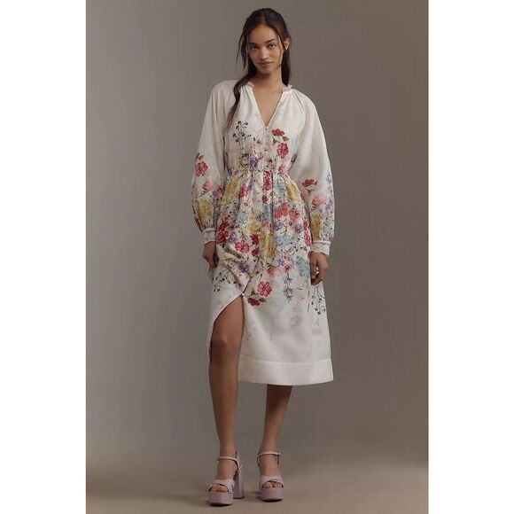 New Anthropologie Let Me Be Long-Sleeve V-Neck Floral A-Line Midi Dress M - Picture 1 of 8